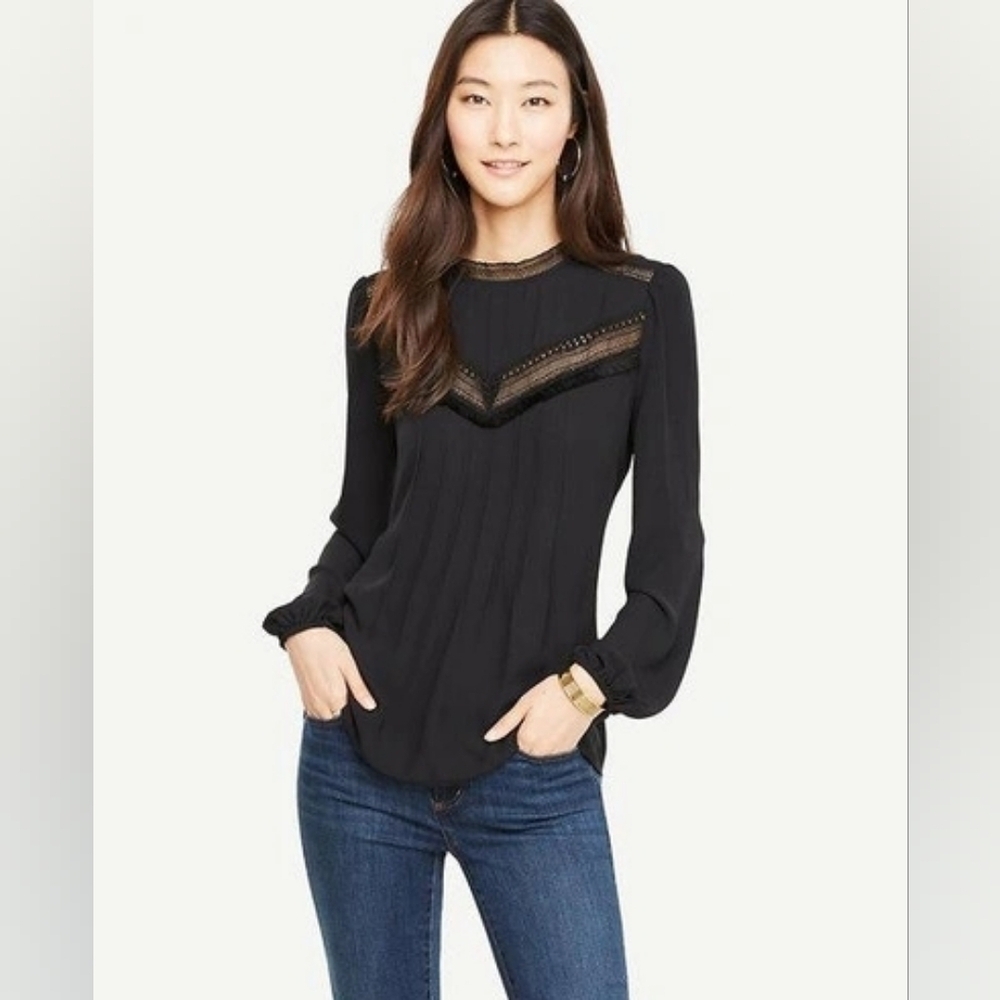 Ann Taylor Lace Trimmed Mockneck Black Blouse Size Medium
